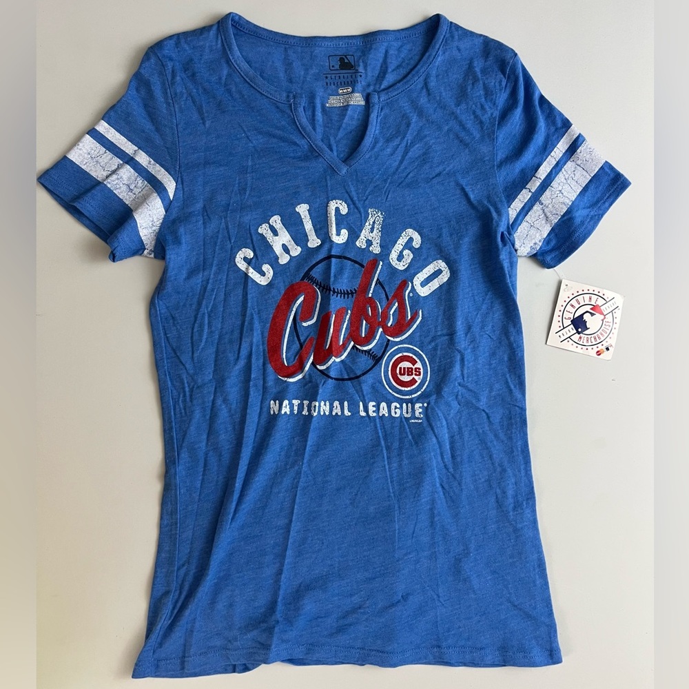 MLB Chicago Cubs Royal Blue Short Sleeve V-Neck Tee with White Sleeve Stripes